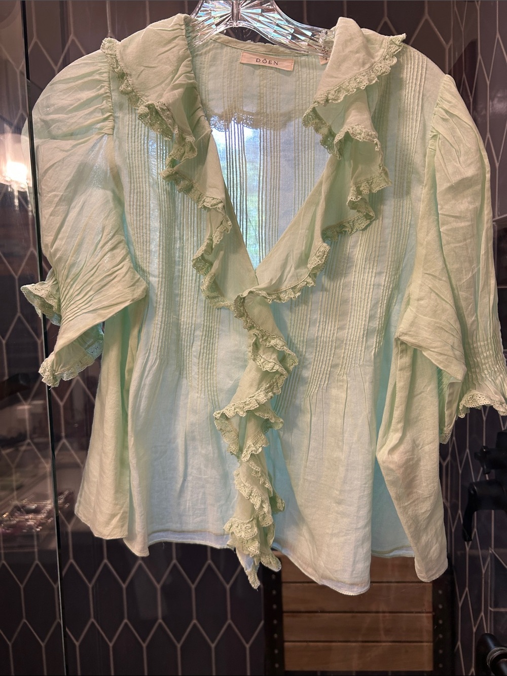Doen Pale Mint Ruffled Linen Blouse